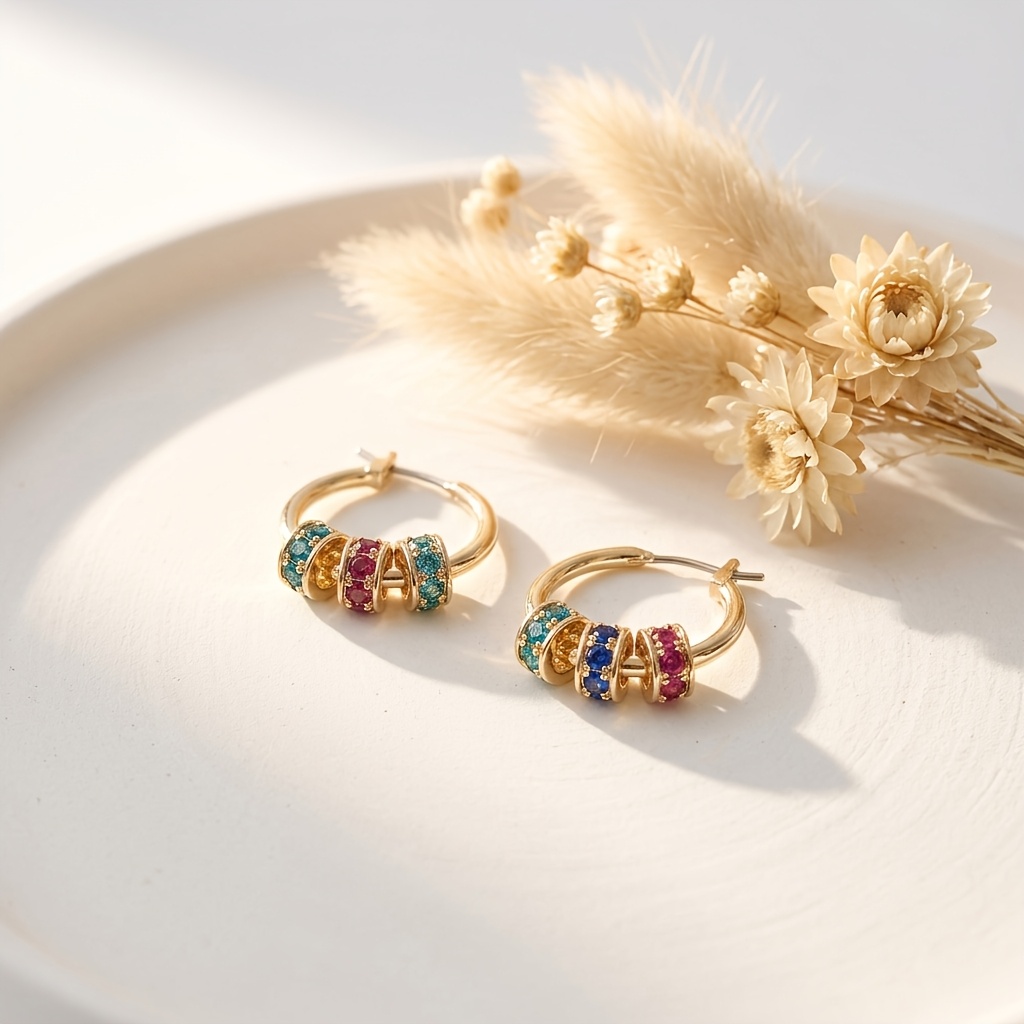 2pcs Colorful Stone Sliding Roller Hoop Earrings